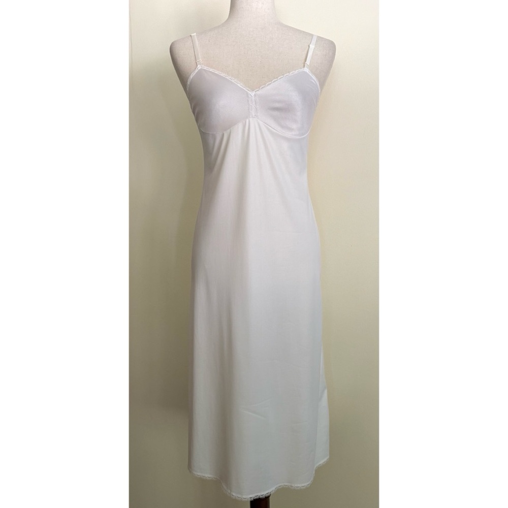 Vintage 60s 70s Vanity Fair Slip Dress White Lace Trim Midi Size 32 XS/S